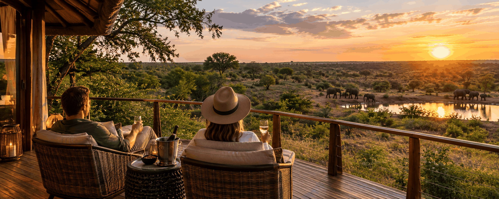 Sunset over the bushveld with elephants at a waterhole, seen from a thatched deck